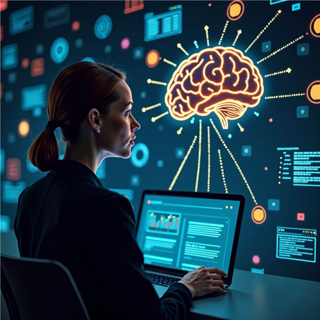 AI assistant learning from business data, analyzing company documents, FAQs, and customer interactions, visually represented with digital knowledge streams.