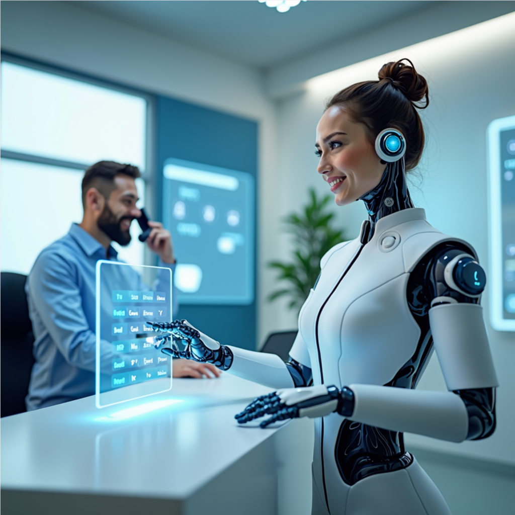 Humanoid AI assistant booking a dental appointment with a futuristic calendar interface.