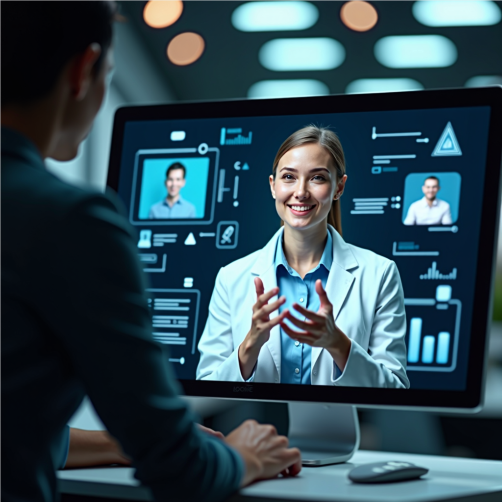 A hyper-realistic AI-powered virtual assistant on a computer screen, engaging in a live video conversation with natural expressions and human-like gestures.