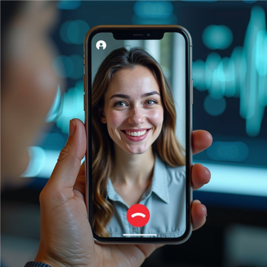 A FaceTime-style AI assistant displayed on a smartphone, interacting with a user in a seamless and natural video conversation.