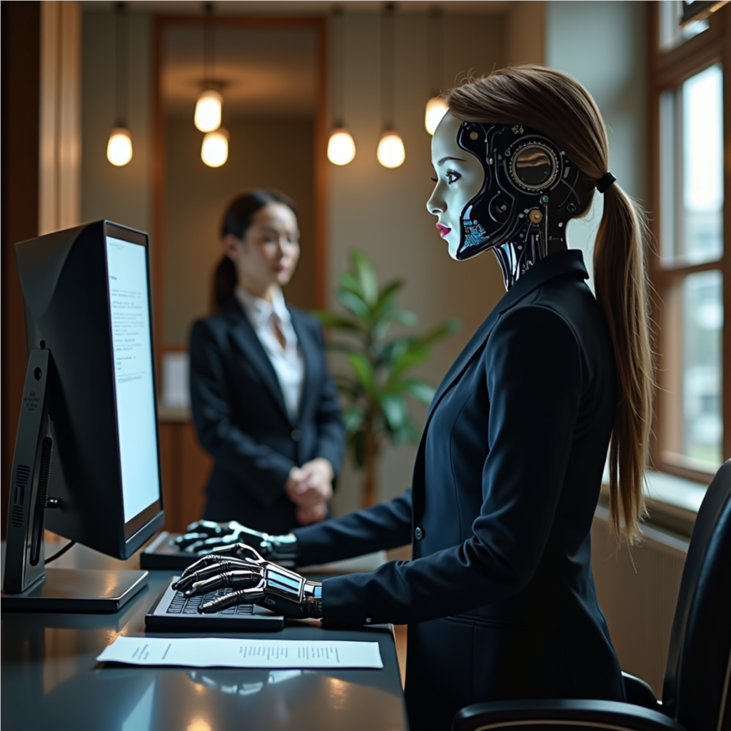 Humanoid AI assistant managing high call volumes for a busy law firm.Humanoid robot generating social media campaigns and analyzing performance data in a creative workspace.